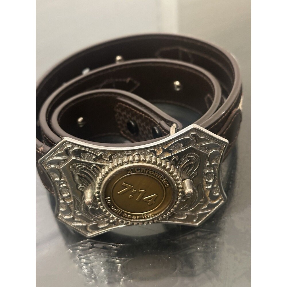 Western Men’s Leather Belt Sz M 34-36 Aztec Fabric Inlay & Silver Conchos Ranger